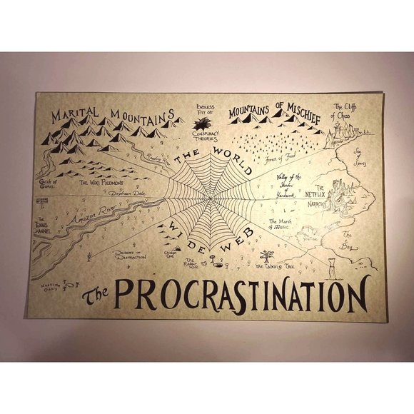 Whimsical Hand-Drawn 'Map of Procrastination' Art Work | NEW - Picture 1 of 12